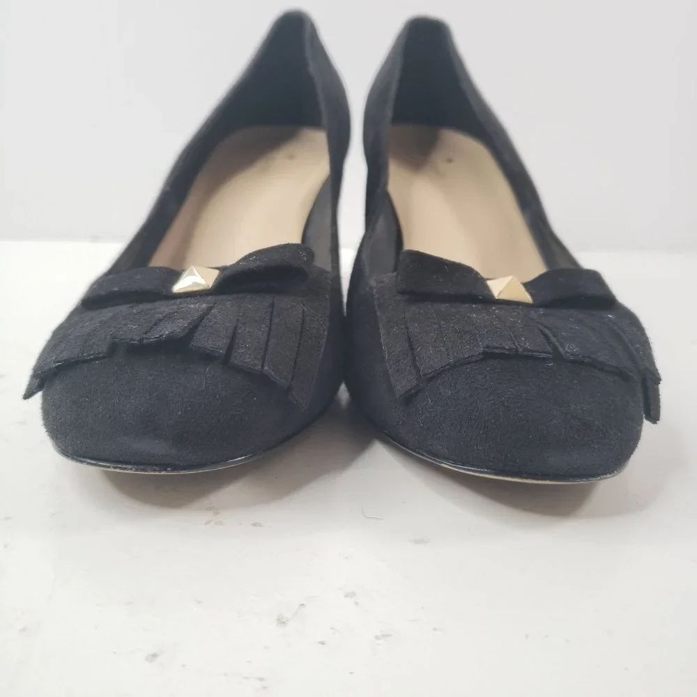 Kate Spade Kiltie Block Heel Pumps Sz 10 Black Suede Slip On Dressy Bow Heels - Picture 3 of 12